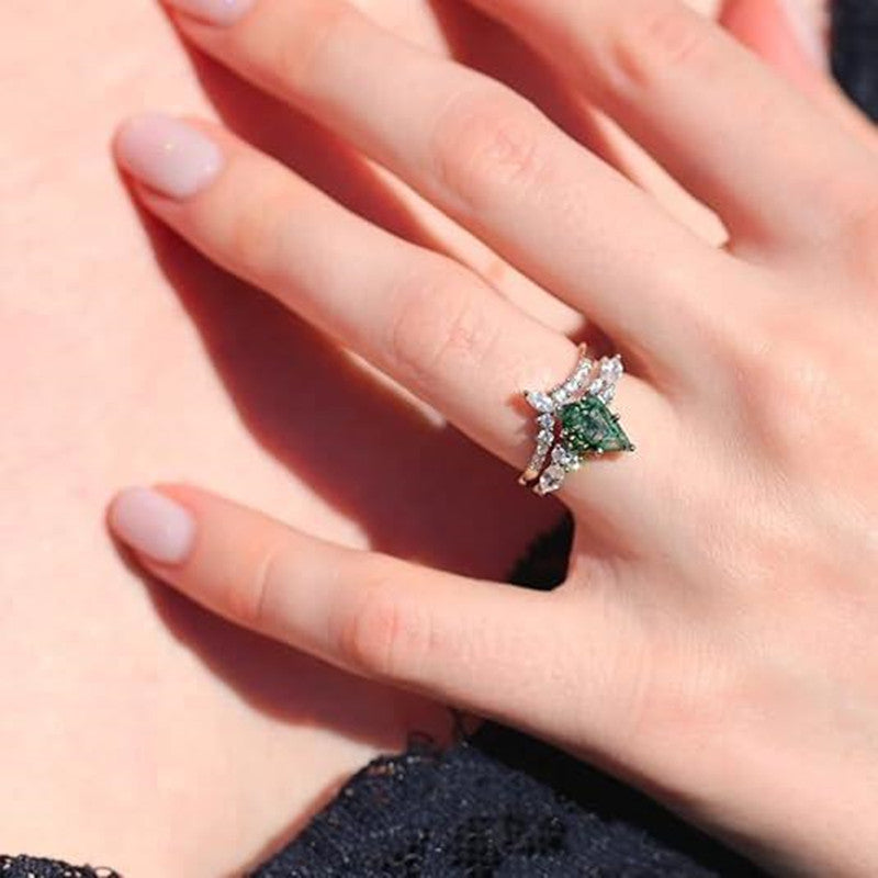 2pcs Fashion Rings Natural Green Moss Stone Agate Ring For Women Personalized Jewelry