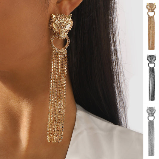 Personalized Leopard Head Earrings With Tassel Rhinestones Trendy Fashion Jewelry Luxury Long Earrings For Women