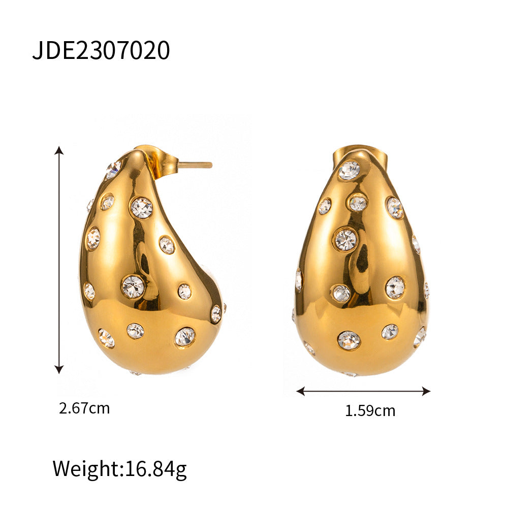 18K Gold-plated Stainless Steel Inlaid Zircon Chubby Stud Earrings INS